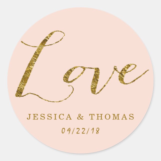 Chic Faux Gold Foil & Blush Pink Wedding Love Classic Round Sticker (Front)