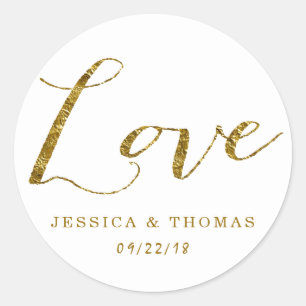 Chic Faux Gold Foil Custom Wedding Love Template Classic Round Sticker