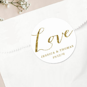 Chic Faux Gold Foil Custom Wedding Love Template Classic Round Sticker