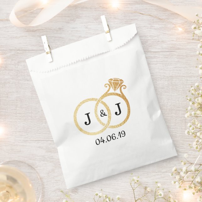 Chic Faux Gold Foil Monogram Wedding Rings Favour Bags (Clipped)