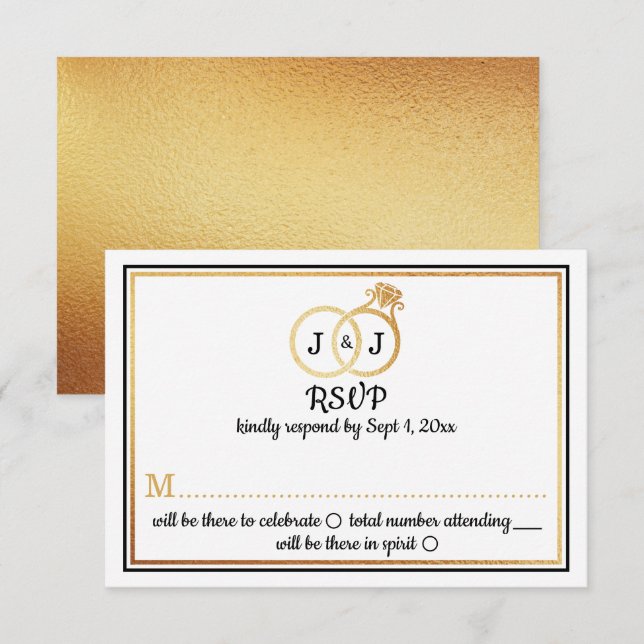 Chic Faux Gold Foil Monogram Wedding Rings Invitation (Front/Back)