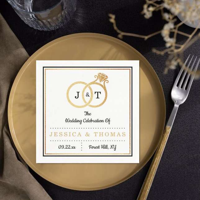 Chic Faux Gold Foil Monogram Wedding Rings Napkin (Creator Uploaded)