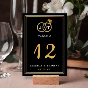 Chic Faux Gold Foil Monogram Wedding Rings Table Number