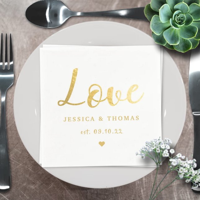 Chic Faux Gold Foil Typography Script Love Wedding Napkin (Creator Uploaded)