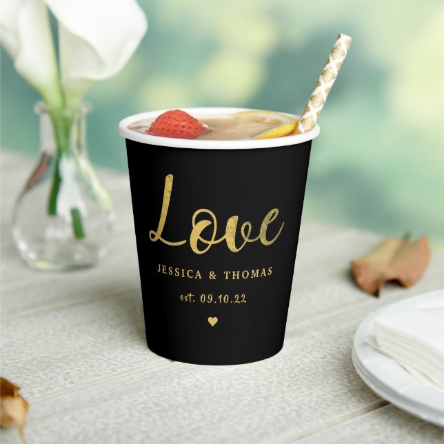 Chic Faux Gold Foil Typography Script Love Wedding Paper Cups (Insitu)
