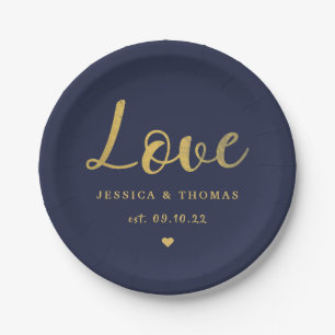 Chic Faux Gold Foil Typography Script Love Wedding Paper Plate
