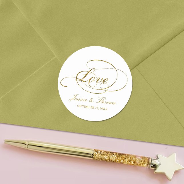 Chic Faux Gold Foil Wedding Favour Template Classic Round Sticker (Creator Uploaded)