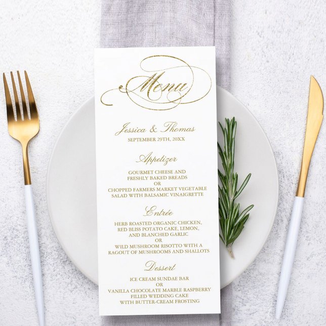 Chic Faux Gold Foil Wedding Menu Template (Creator Uploaded)