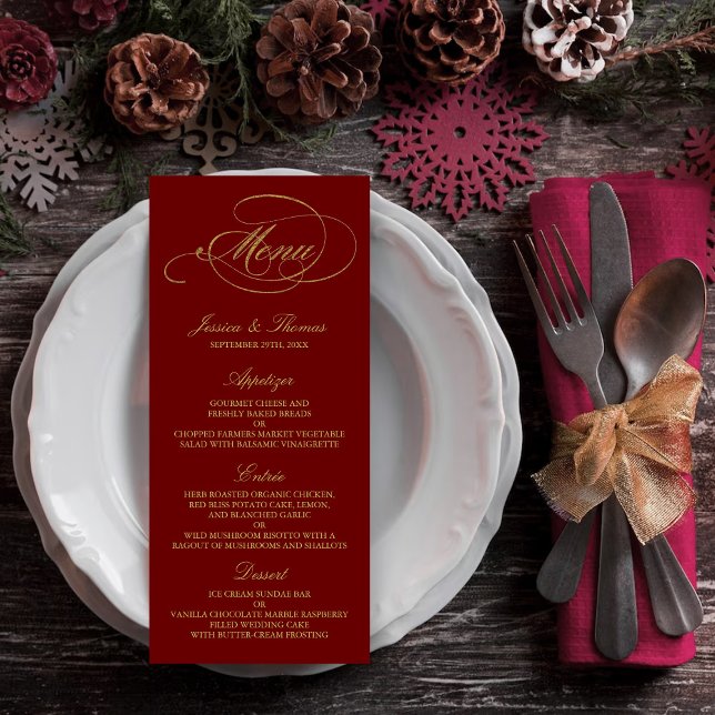 Chic Faux Gold Foil Wedding Menu Template - Red (Creator Uploaded)