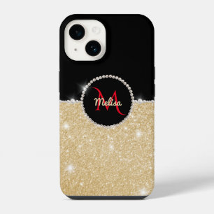 Chic faux Gold Glitter Black & Pearl Monogram iPhone 14 Case