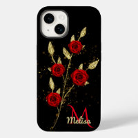 Chic faux Gold Glitter Leaves Red Rose monogram Ca