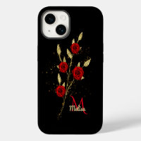 Chic faux Gold Glitter Leaves Red Rose monogram Ca