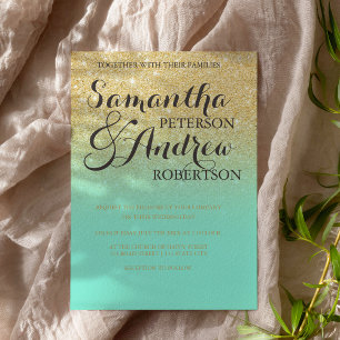 Chic faux gold glitter mint green wedding invitation