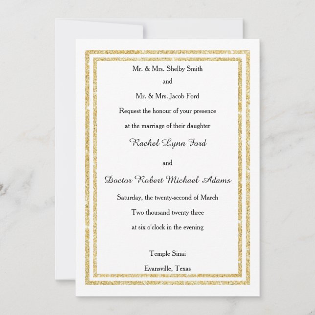 Chic Faux Gold Glittered Trim - 5x7 Wedding Invite (Front)