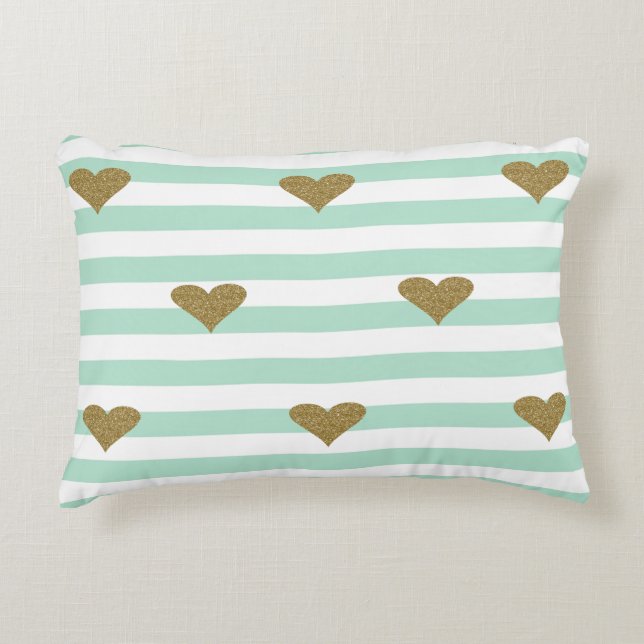 Chic Faux Gold Glittery Hearts Mint Green  Stripes Decorative Cushion (Front)