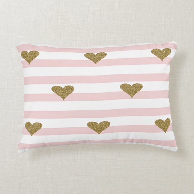 Chic Faux Gold Glittery Hearts Pink  Stripes Decorative Cushion (Front)