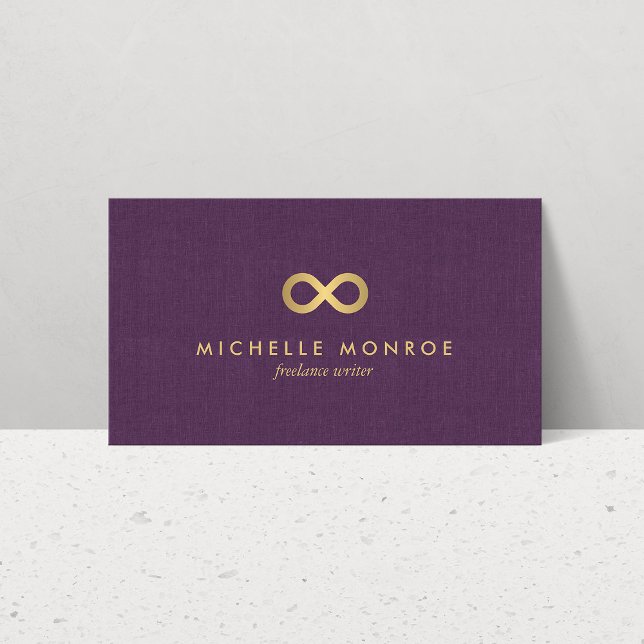 Chic Faux Gold Infinity Symbol on Purple Linen Business Card (Creator Uploaded)