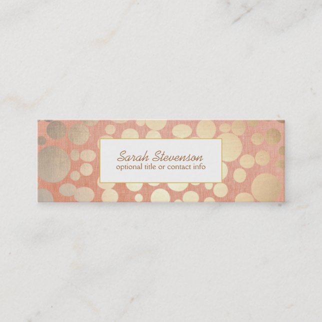 Chic Faux Gold Leaf Circles Pink Linen Look Mini Business Card (Front)
