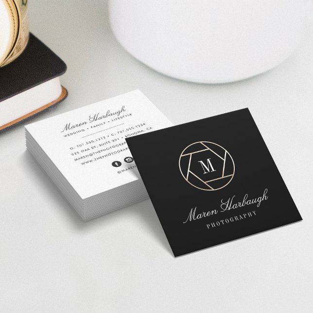 Chic Faux Gold Photographer Monogram Logo Square Business Card (Creator Uploaded)