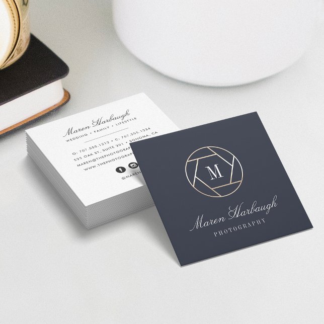 Chic Faux Gold Photographer Monogram Logo Square Business Card (Creator Uploaded)