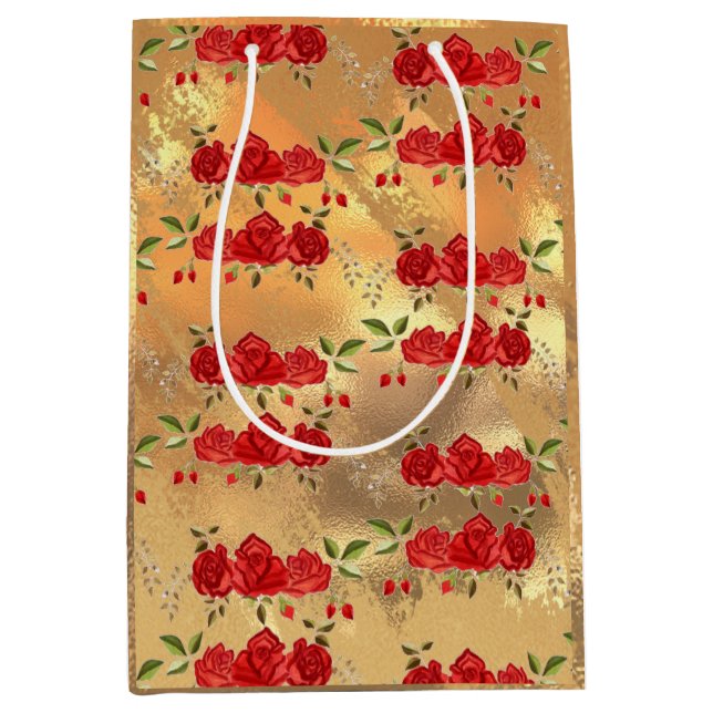 Chic Faux Gold Red Flowers Art Pattern Medium Gift Bag (Front)