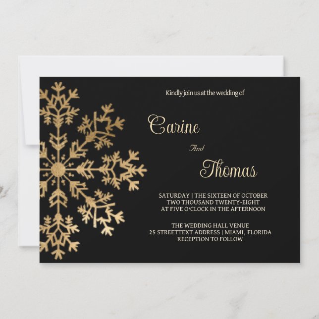 Chic faux Gold snowflake on black winter wedding Invitation (Front)