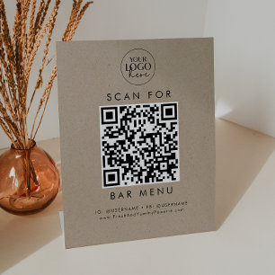 Chic Faux Kraft Business Logo Bar Menu QR Code Pedestal Sign