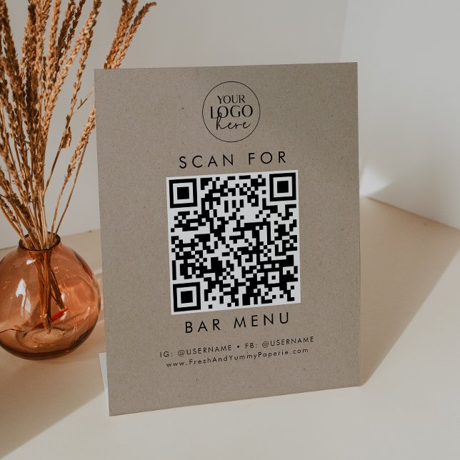 Chic Faux Kraft Business Logo Bar Menu QR Code Pedestal Sign (Creator Uploaded)