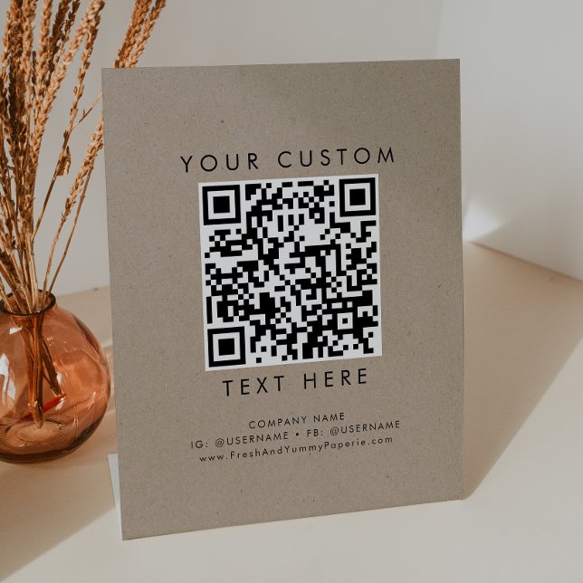 Chic Faux Kraft Business or Wedding Custom QR Code Pedestal Sign (Creator Uploaded)