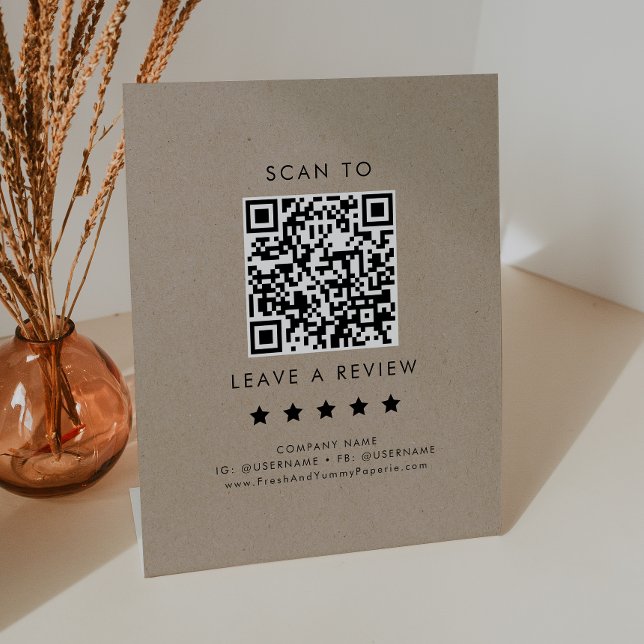 Chic Faux Kraft Business QR Code Leave A Review Pedestal Sign (Creator Uploaded)