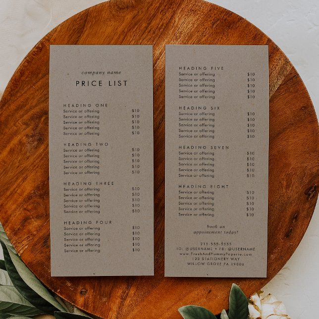 Chic Faux Kraft Double Sided Business Price List Rack Card (Creator Uploaded)