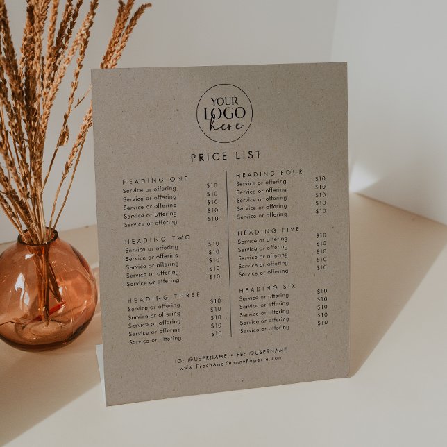 Chic Faux Kraft Logo Business Price List Pedestal Sign (Creator Uploaded)