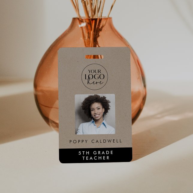 Chic Faux Kraft Logo Photo Employee or Teacher ID Badge (Creator Uploaded)