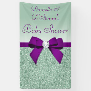 Chic Faux Mint Sequins Purple Bow Baby Shower Banner