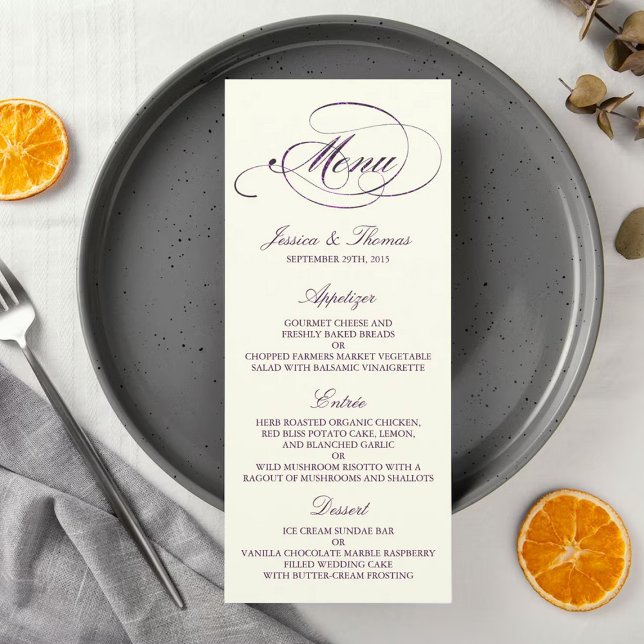 Chic Faux Plum Foil Wedding Menu Template- Ivory (Creator Uploaded)