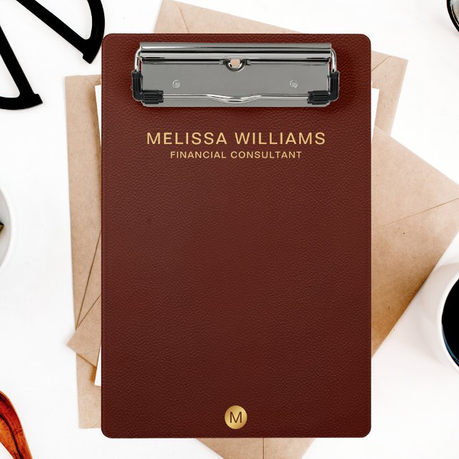 Chic Faux Red Leather & Gold Monogram Name Mini Clipboard (Creator Uploaded)