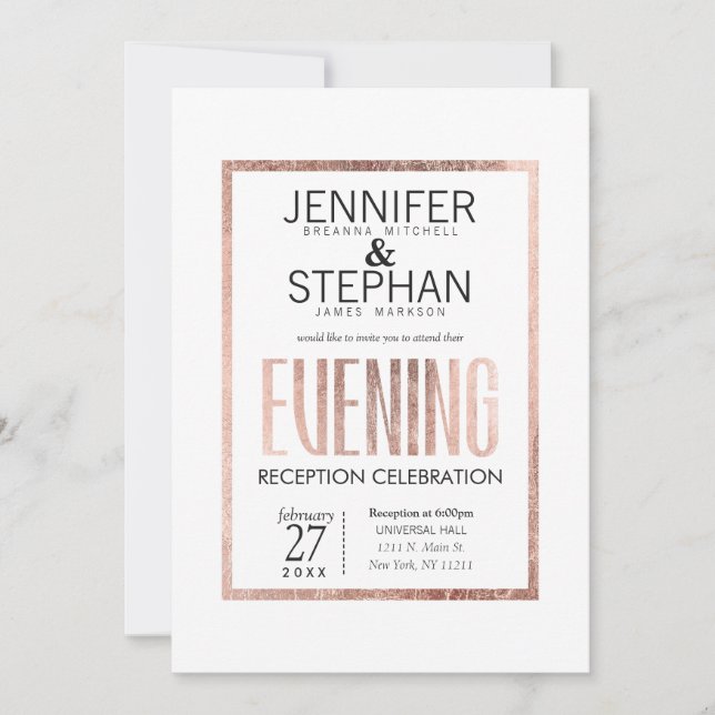 Chic Faux Rose Gold Evening Reception Invitations (Front)