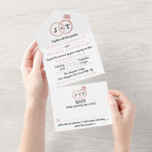 Chic Faux Rose Gold Foil Monogram Wedding Rings All In One Invitation