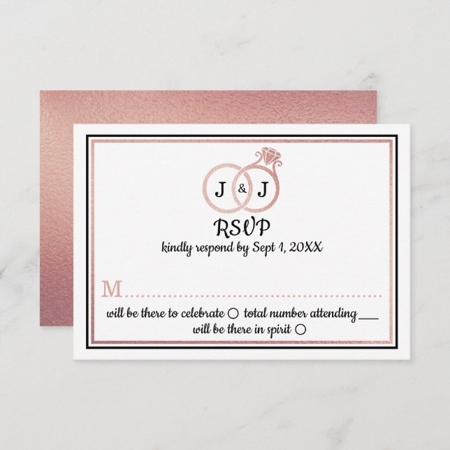 Chic Faux Rose Gold Foil Monogram Wedding Rings Invitation (Front/Back)