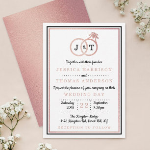 Chic Faux Rose Gold Foil Monogram Wedding Rings Invitation