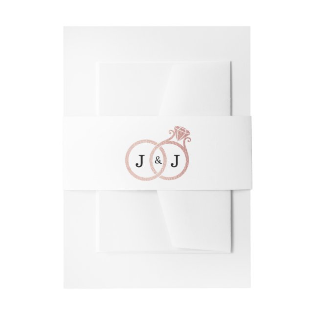Chic Faux Rose Gold Foil Monogram Wedding Rings Invitation Belly Band (Front Example)