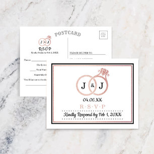 Chic Faux Rose Gold Foil Monogram Wedding Rings Invitation Postcard