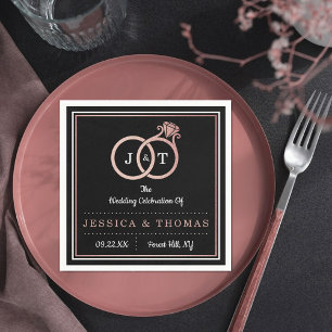 Chic Faux Rose Gold Foil Monogram Wedding Rings Napkin