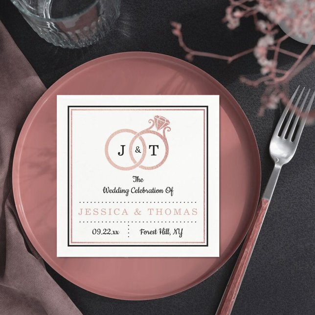 Chic Faux Rose Gold Foil Monogram Wedding Rings Napkin (Creator Uploaded)