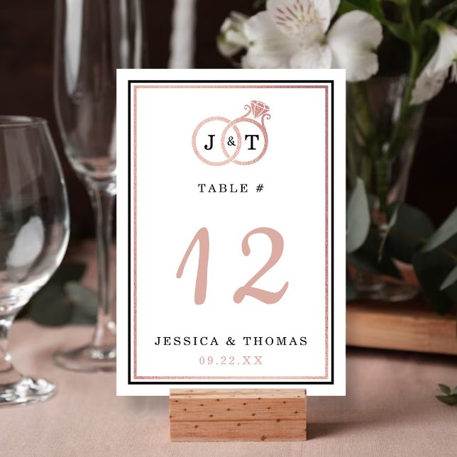 Chic Faux Rose Gold Foil Monogram Wedding Rings Table Number (Creator Uploaded)