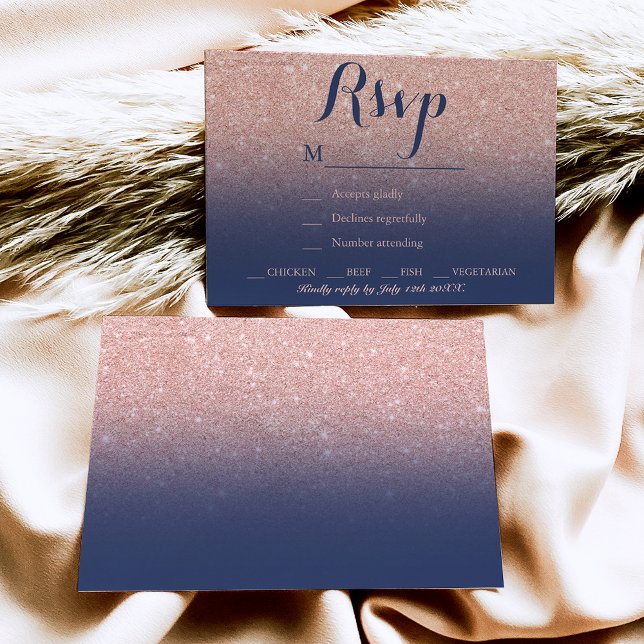Chic faux rose gold glitter navy blue RSVP (Creator Uploaded)