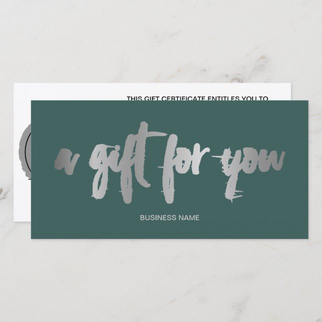 Chic faux silver foil green logo gift certificate (Front/Back)