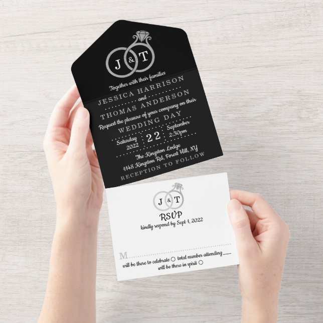 Chic Faux Silver Foil Monogram Wedding Rings All In One Invitation (Tearaway)