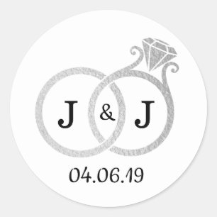 Chic Faux Silver Foil Monogram Wedding Rings Classic Round Sticker