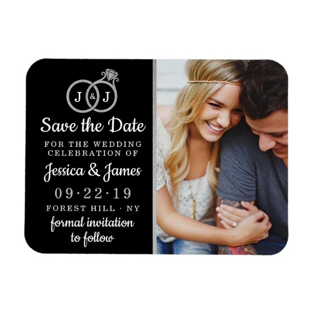 Chic Faux Silver Foil Monogram Wedding Rings Magnet (Horizontal)